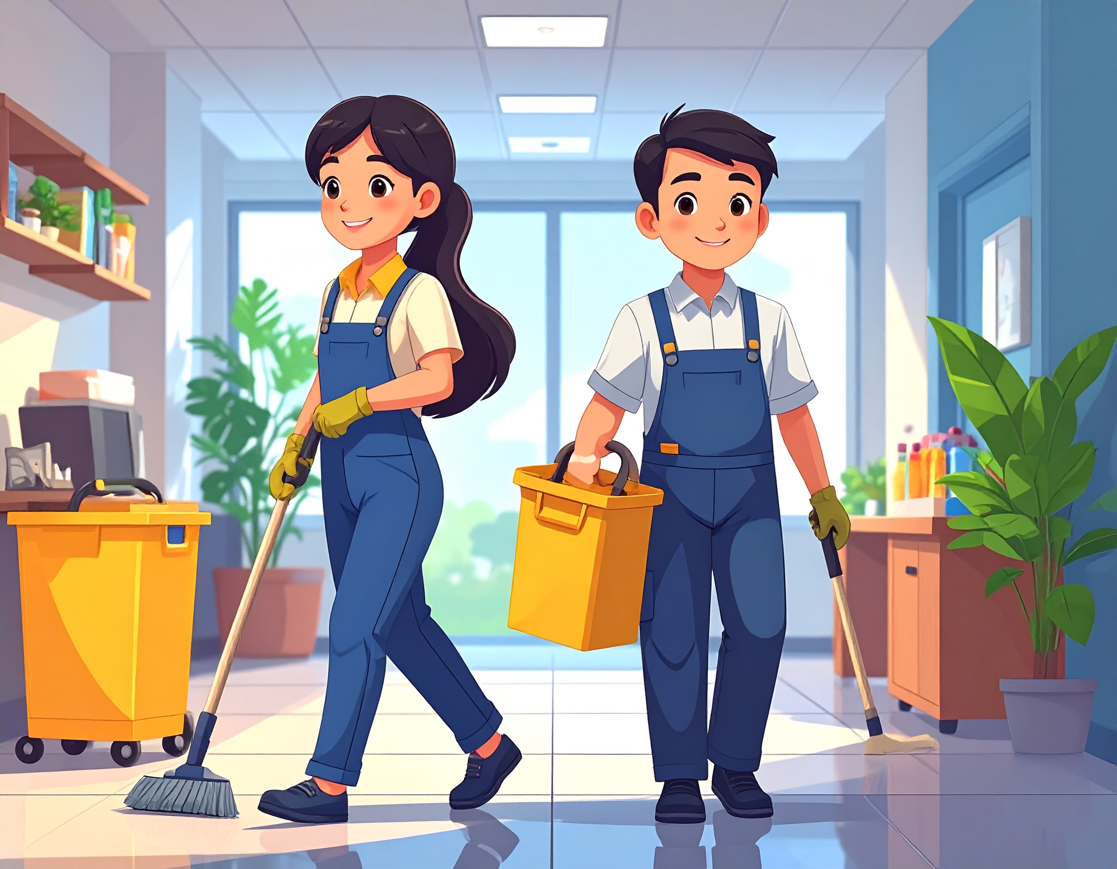 Two cleaners with mop and bucket in an office hallway
