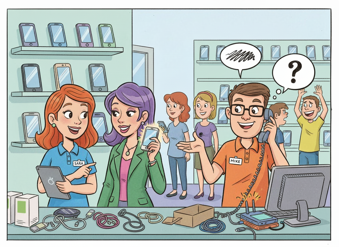 Customer service representatives helping customers in an electronics store
