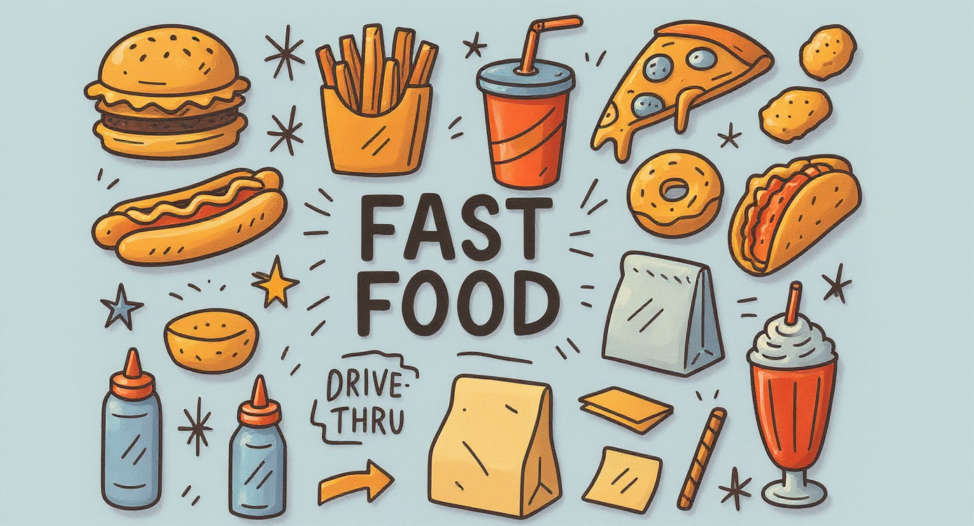Fast food icons: burger, fries, drink, pizza, drive-thru