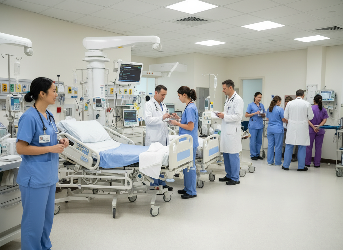 Hospital staff caring for a patient