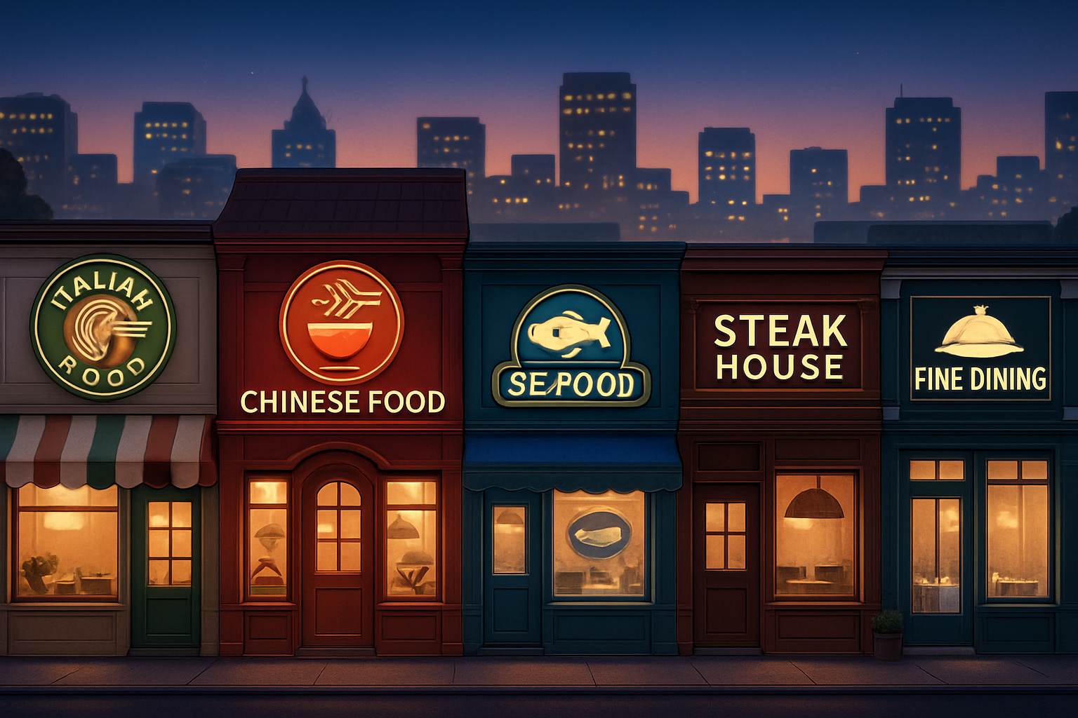 Row of restaurant storefronts at dusk: Italian, Chinese, seafood, steakhouse, fine dining