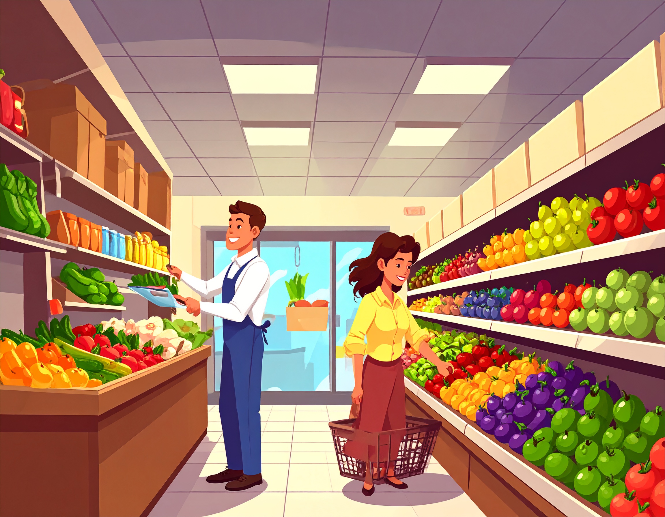 Grocery store worker assisting a customer in the produce aisle