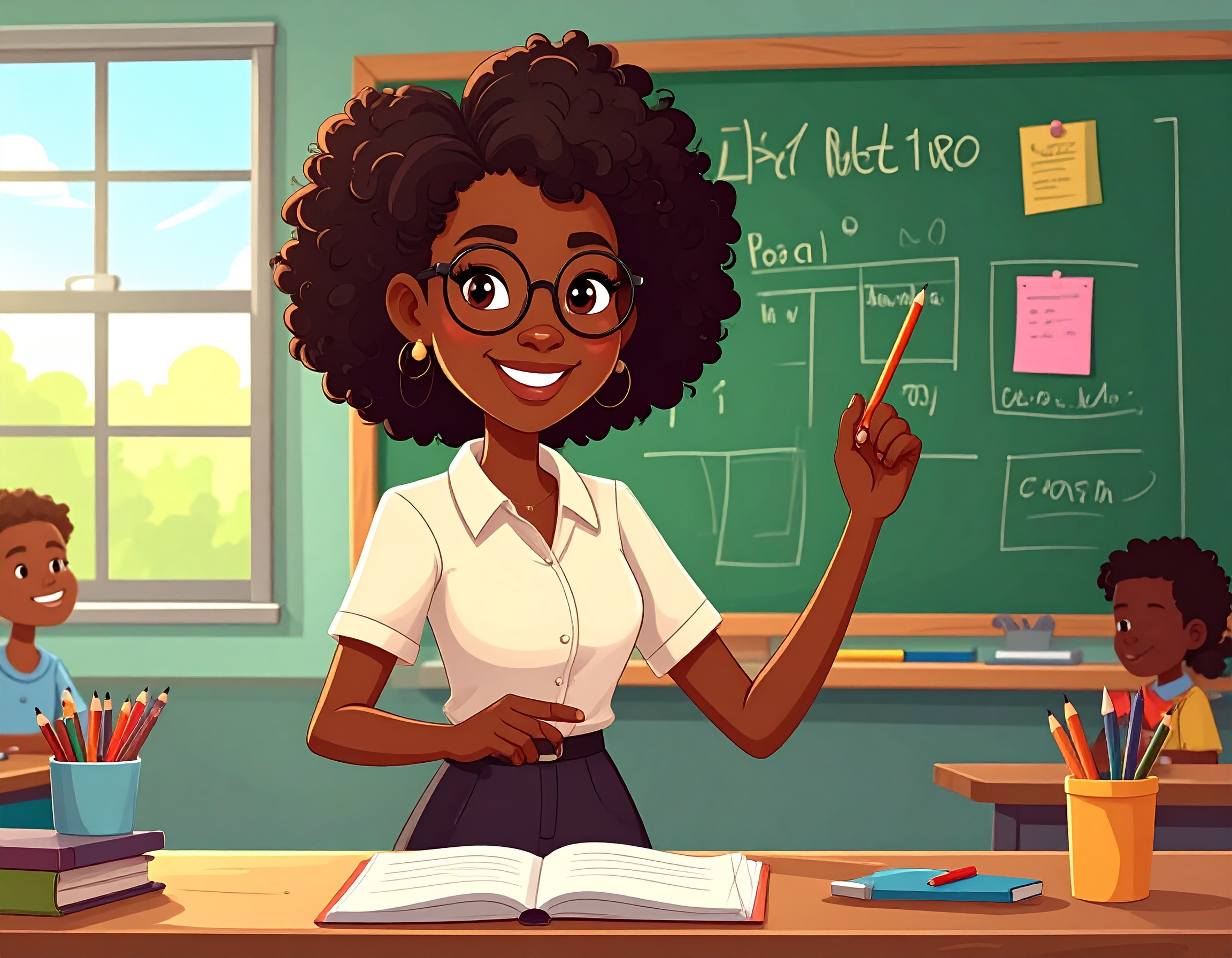 Teacher pointing to a lesson on the chalkboard