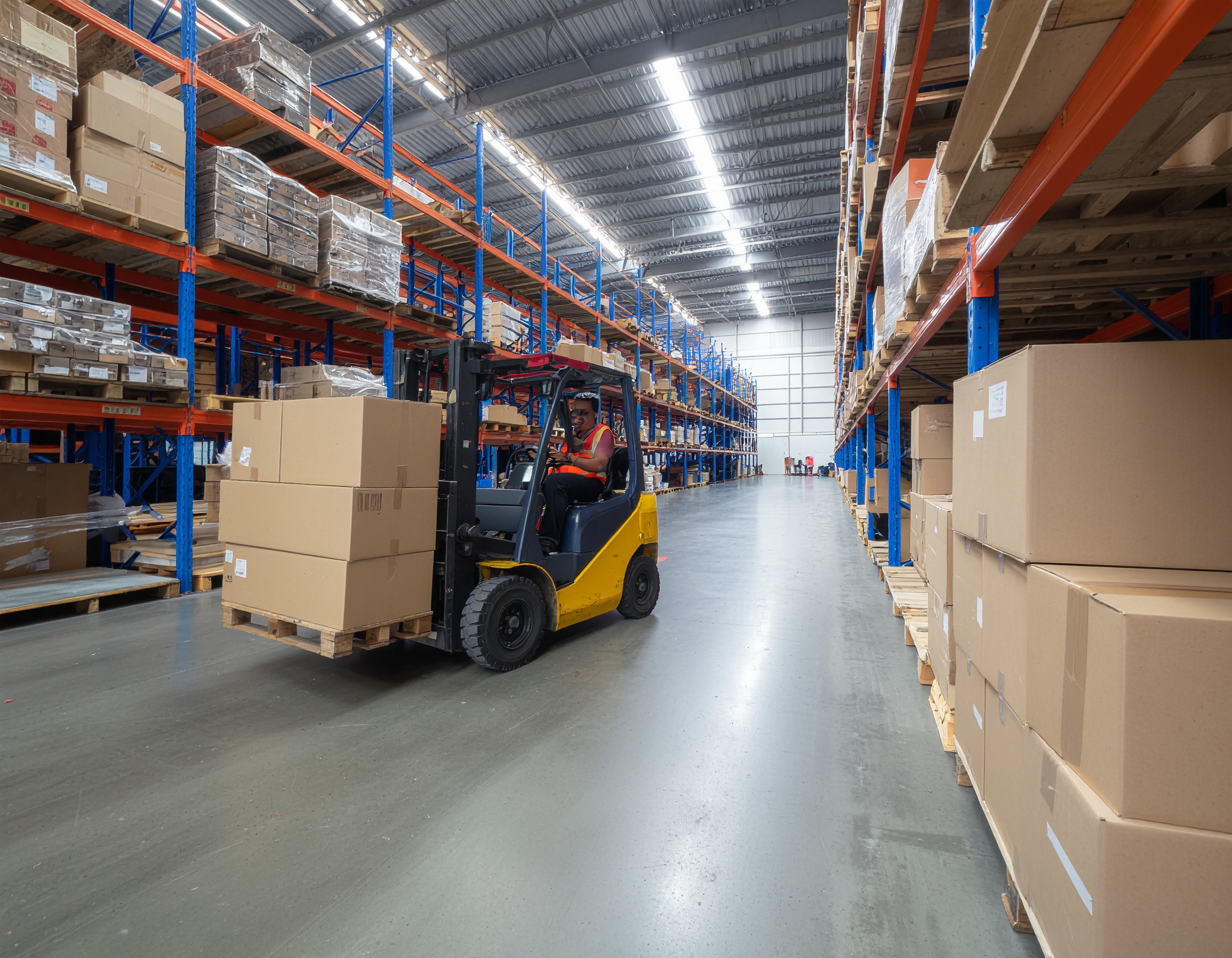 Warehouse worker operating a forklift among shelving